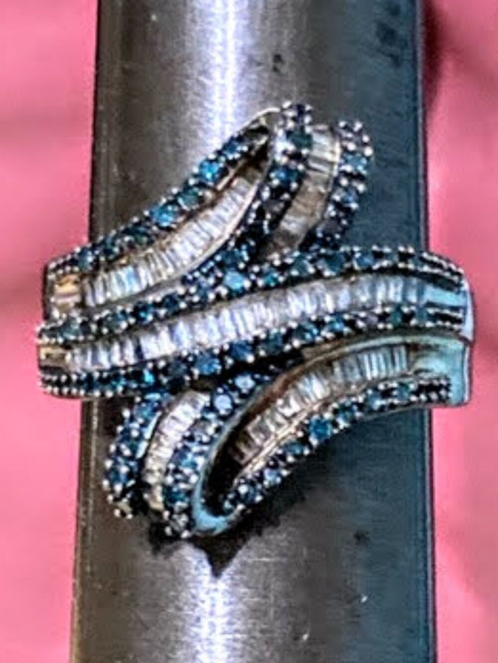 Baguette & Blue round Diamond swirl ribbon cluster overpass ring 1cttw. sz 7